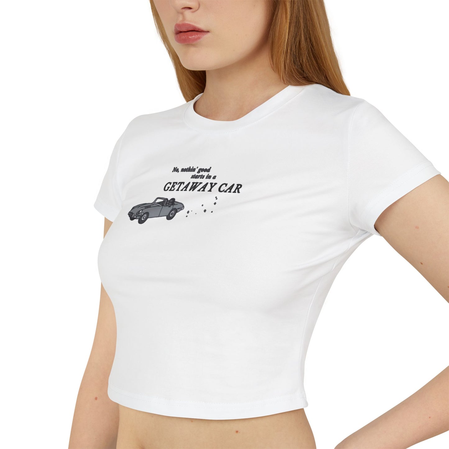 "No nothin' good starts in a getaway car" Taylor Swift Reputation (White, Tan, Baby Pink) Women's Baby Tee