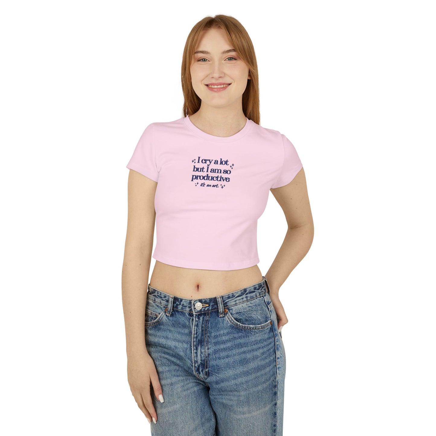 "I cry a lot but I am so productive, it's an art." Taylor Swift 'I Can Do It With A Broken Heart' TTPD (Pink, White, Tan) Women's Baby Tee