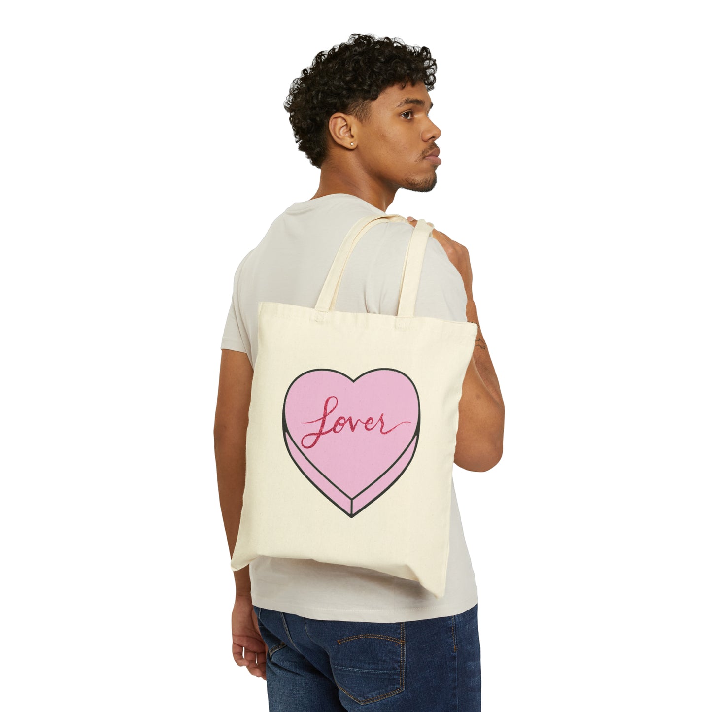 TS "Lover" Valentine's Day Candy Heart Cotton Canvas Tote Bag