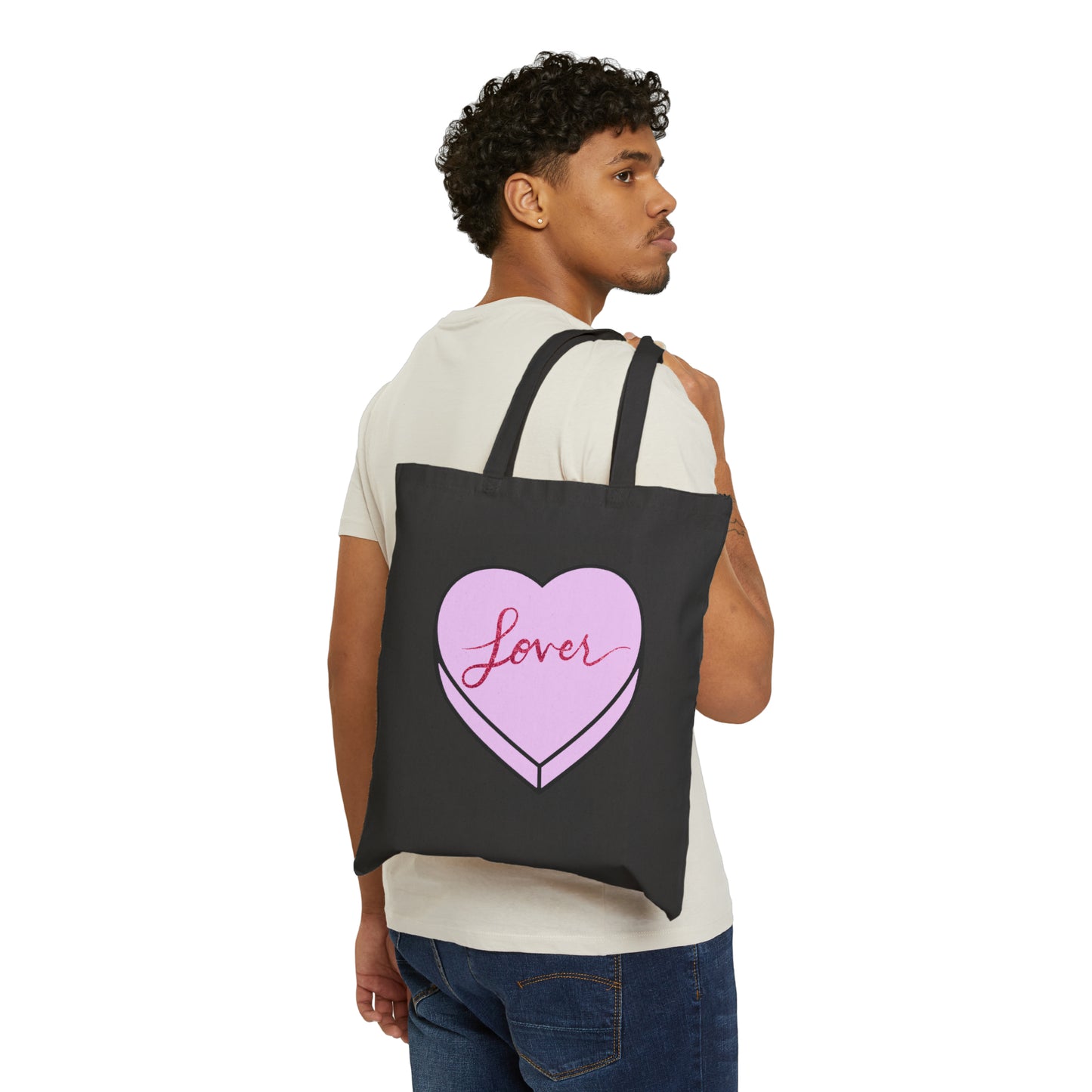 TS "Lover" Valentine's Day Candy Heart Cotton Canvas Tote Bag