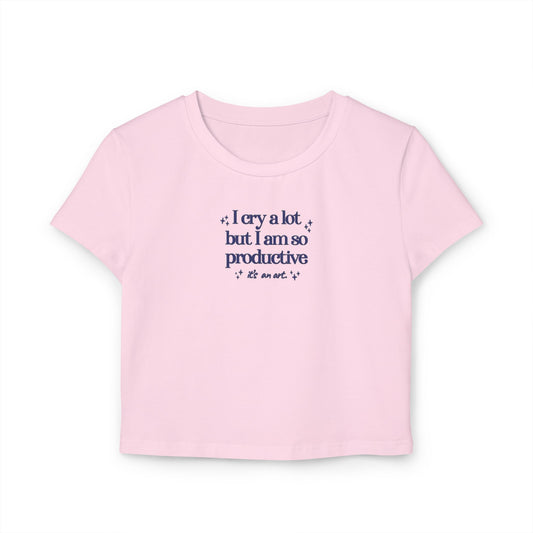 "I cry a lot but I am so productive, it's an art." Taylor Swift 'I Can Do It With A Broken Heart' TTPD (Pink, White, Tan) Women's Baby Tee