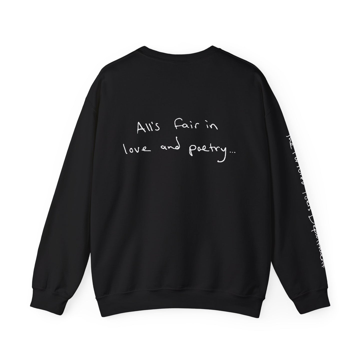 "All's fair in love and poetry" / "The Tortured Poets Department" (Sleeve) Crewneck (TTPD, TS11, Unisex Heavy Blend™ Crewneck Sweatshirt)