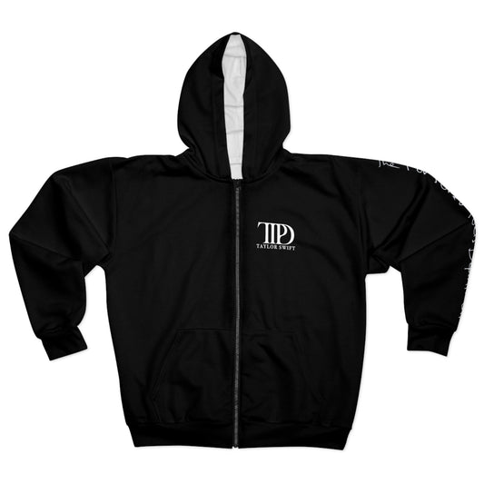 Black TTPD Unisex Zip-Up Hoodie W/ "The Tortured Poets Department" Writing On Sleeve