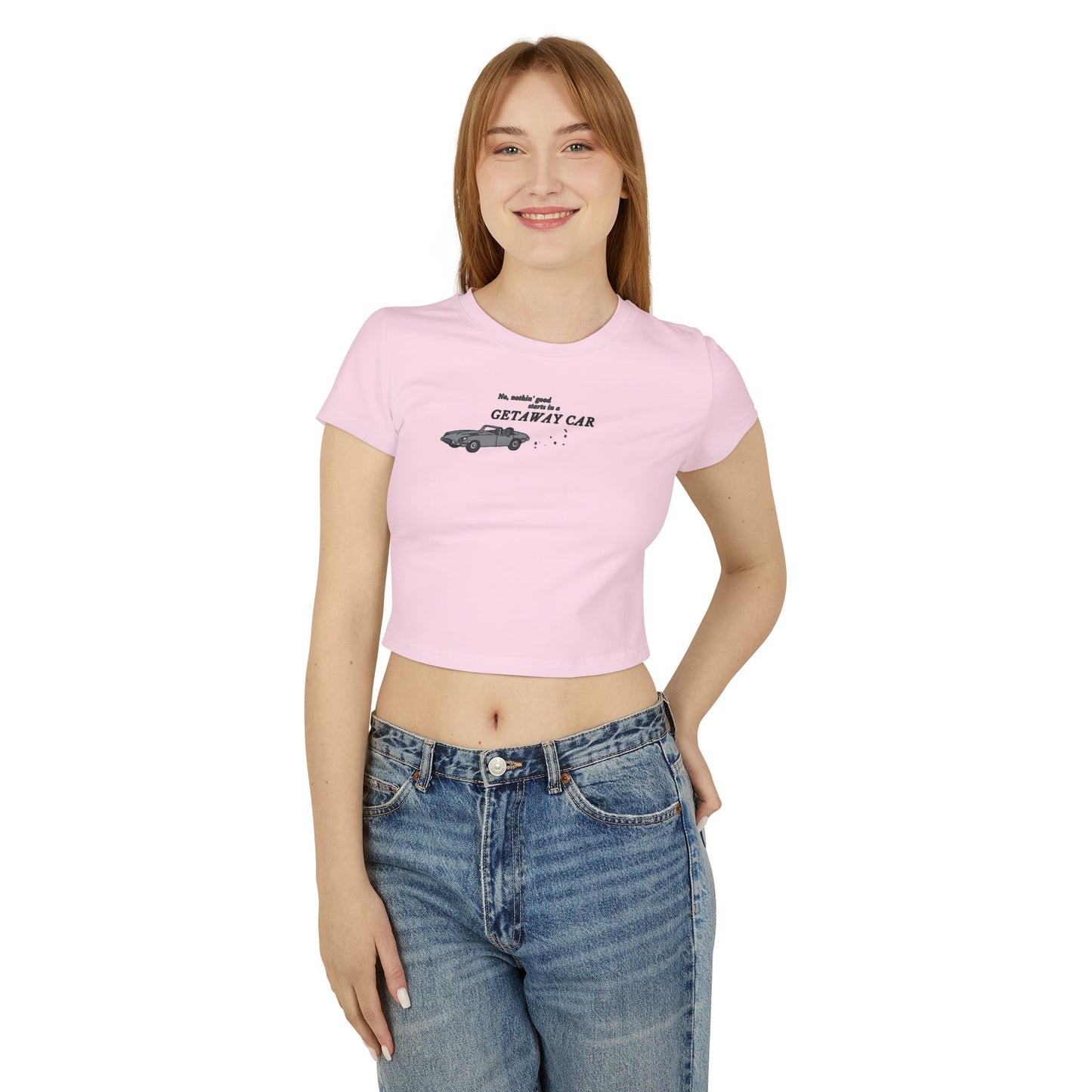 "No nothin' good starts in a getaway car" Taylor Swift Reputation (White, Tan, Baby Pink) Women's Baby Tee