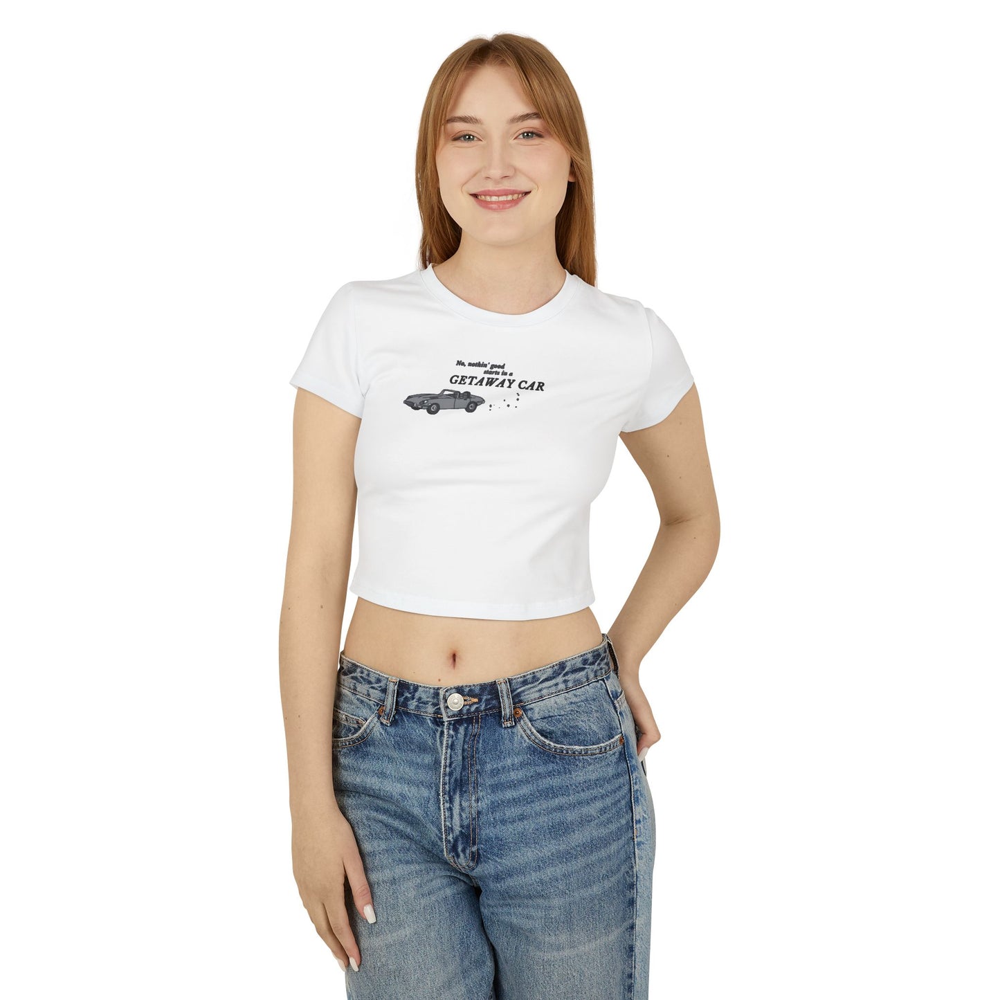 "No nothin' good starts in a getaway car" Taylor Swift Reputation (White, Tan, Baby Pink) Women's Baby Tee