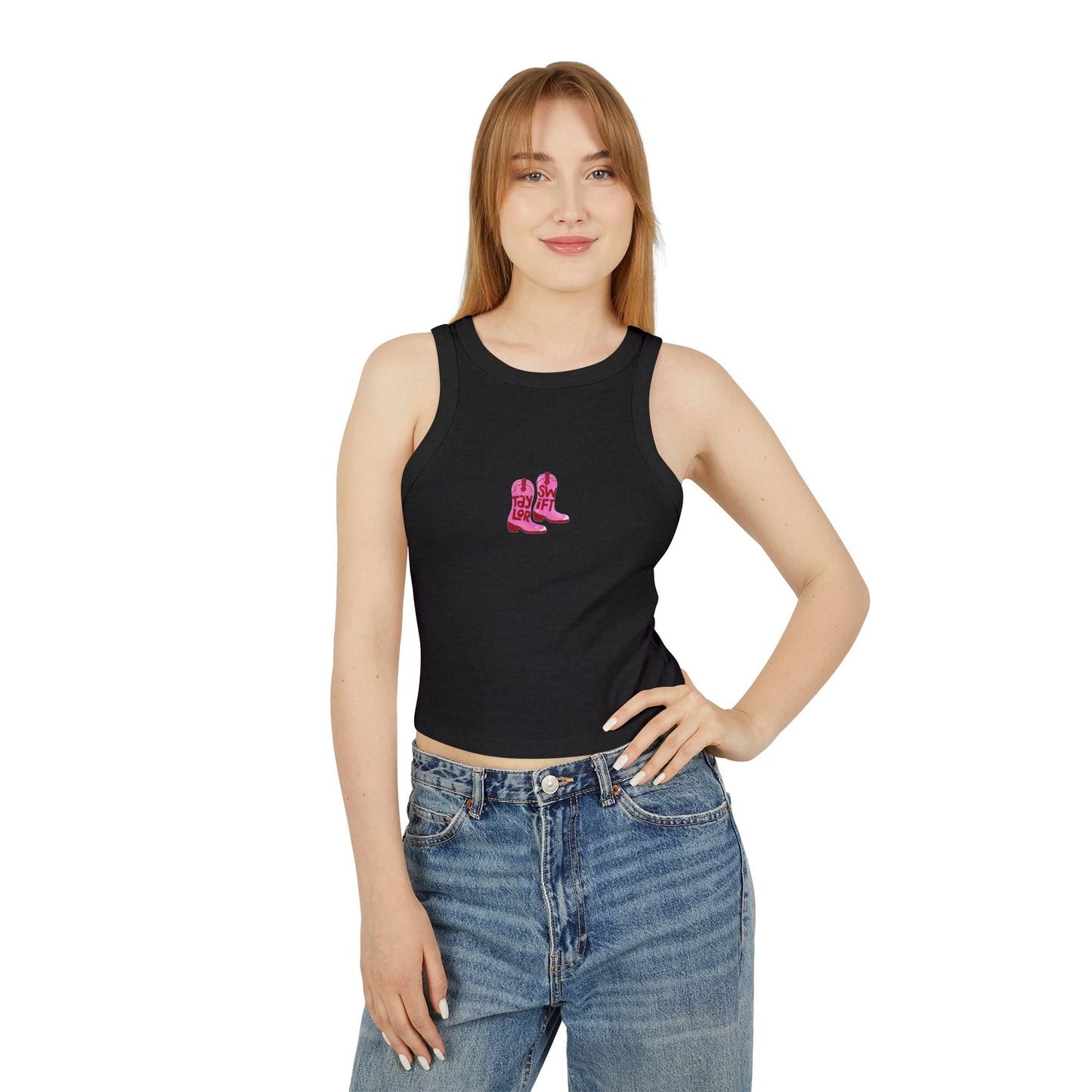 Women's "Taylor Swift" Pink Cowboy Boots Micro Rib Racer Tank Top