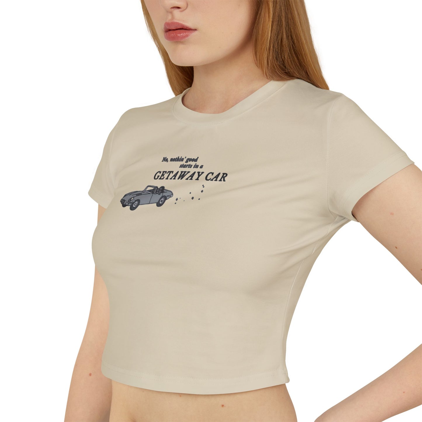 "No nothin' good starts in a getaway car" Taylor Swift Reputation (White, Tan, Baby Pink) Women's Baby Tee