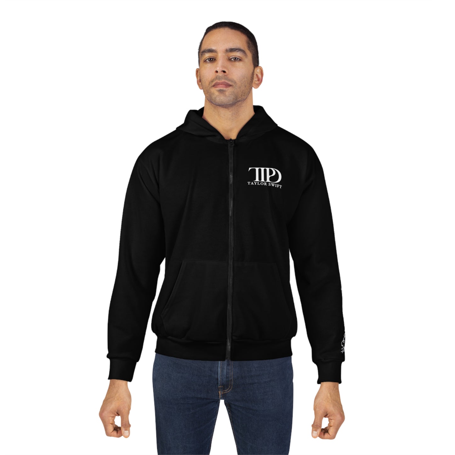 Black TTPD Unisex Zip-Up Hoodie W/ "The Tortured Poets Department" Writing On Sleeve