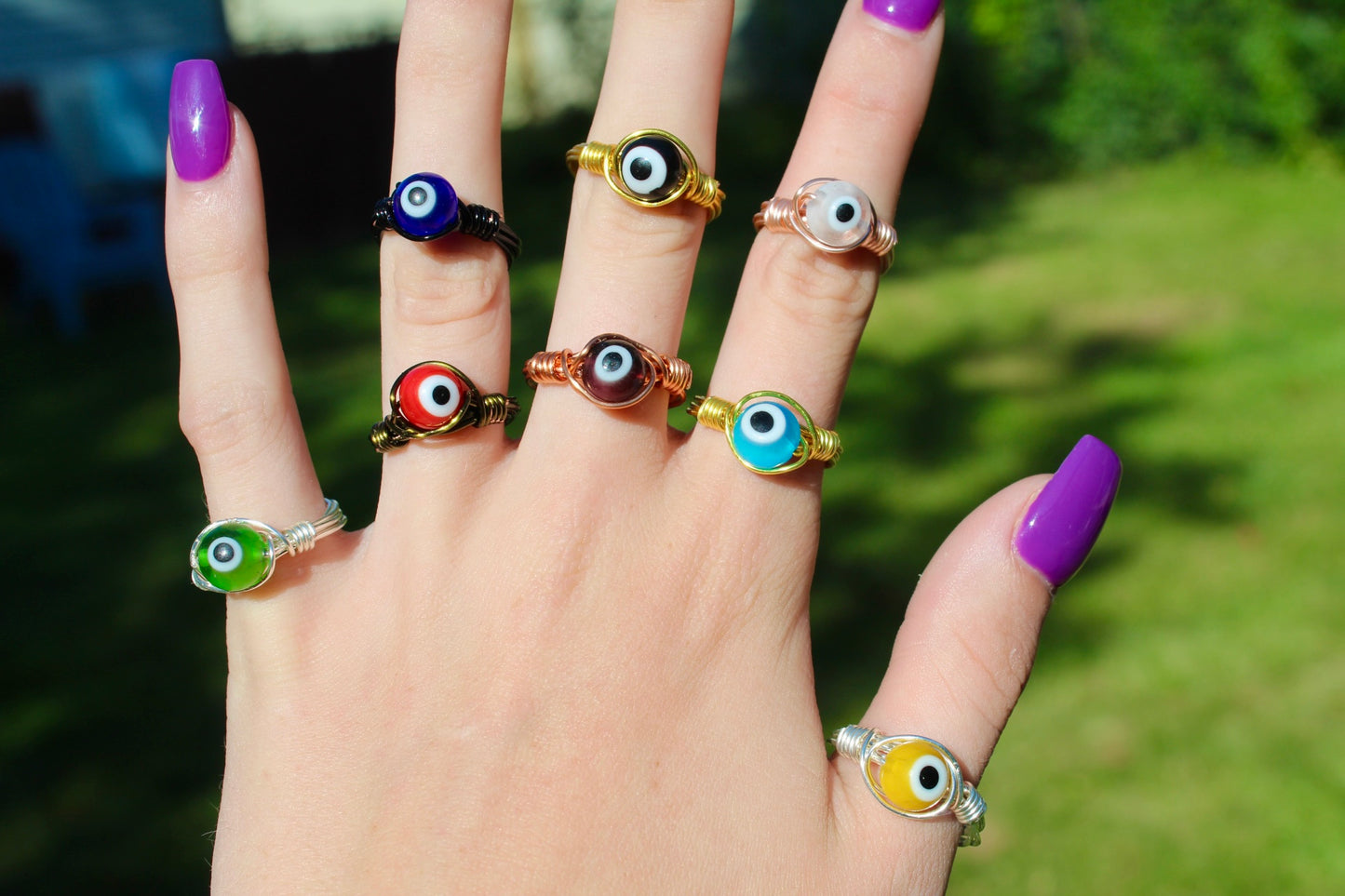 Evil Eye Glass Bead Wire Wrapped Rings