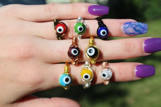 Evil Eye Glass Bead Wire Wrapped Rings