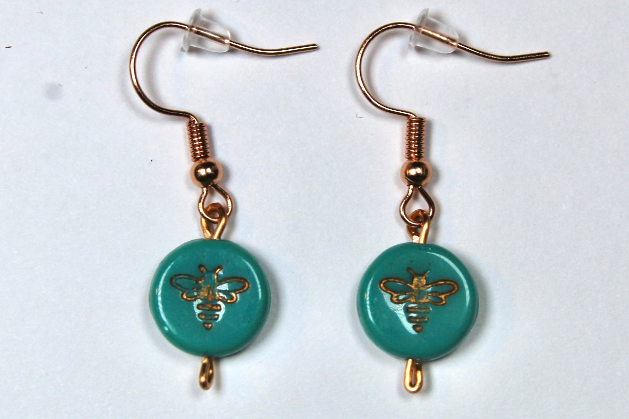 Teal & Copper Gold Bumble Bee Earrings