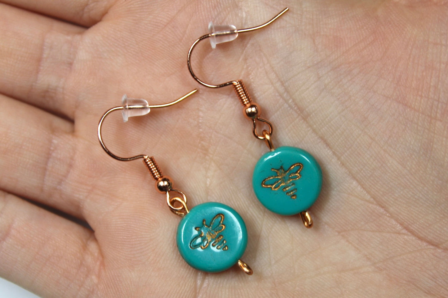 Teal & Copper Gold Bumble Bee Earrings