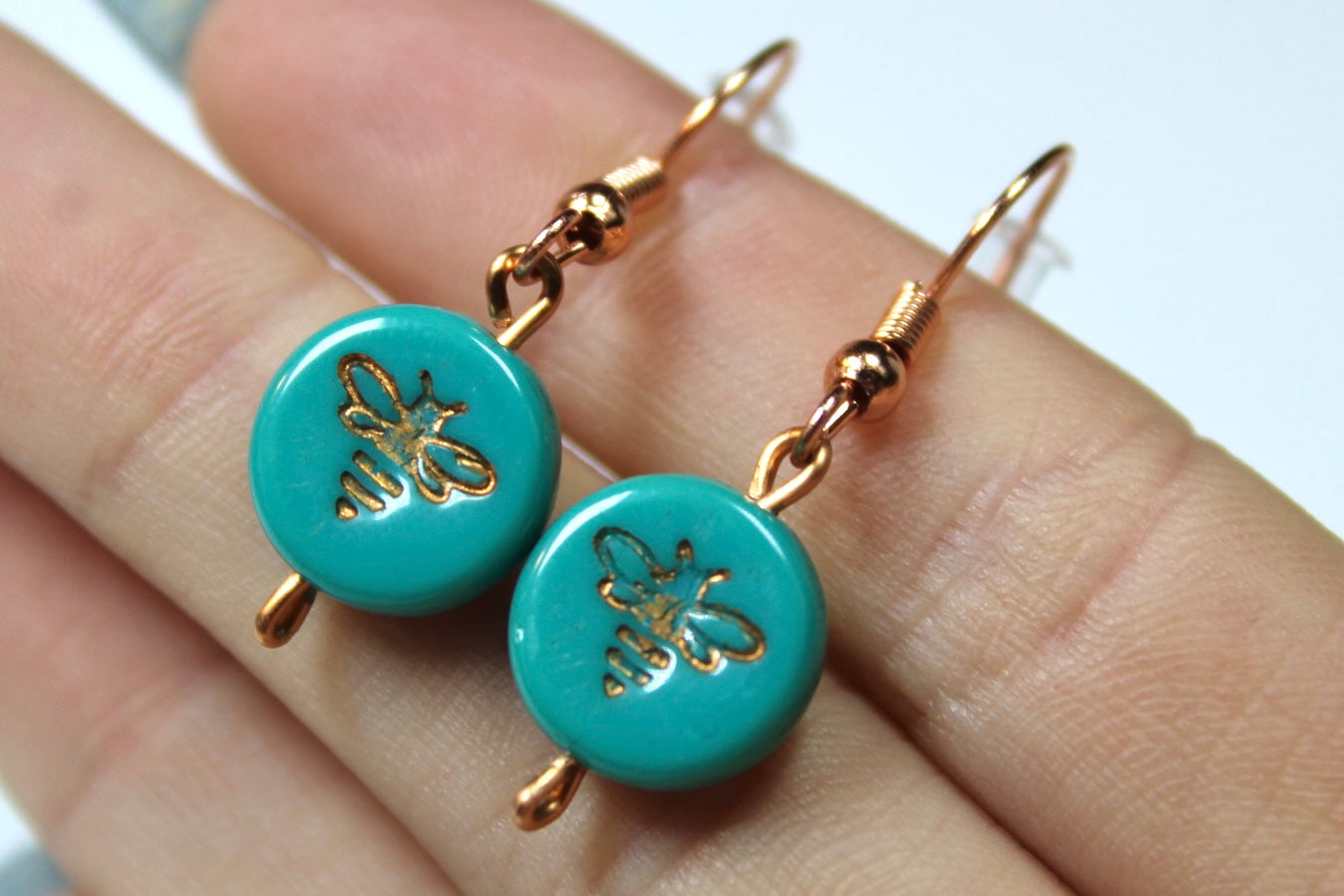 Teal & Copper Gold Bumble Bee Earrings