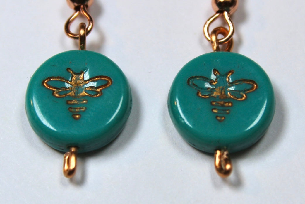 Teal & Copper Gold Bumble Bee Earrings