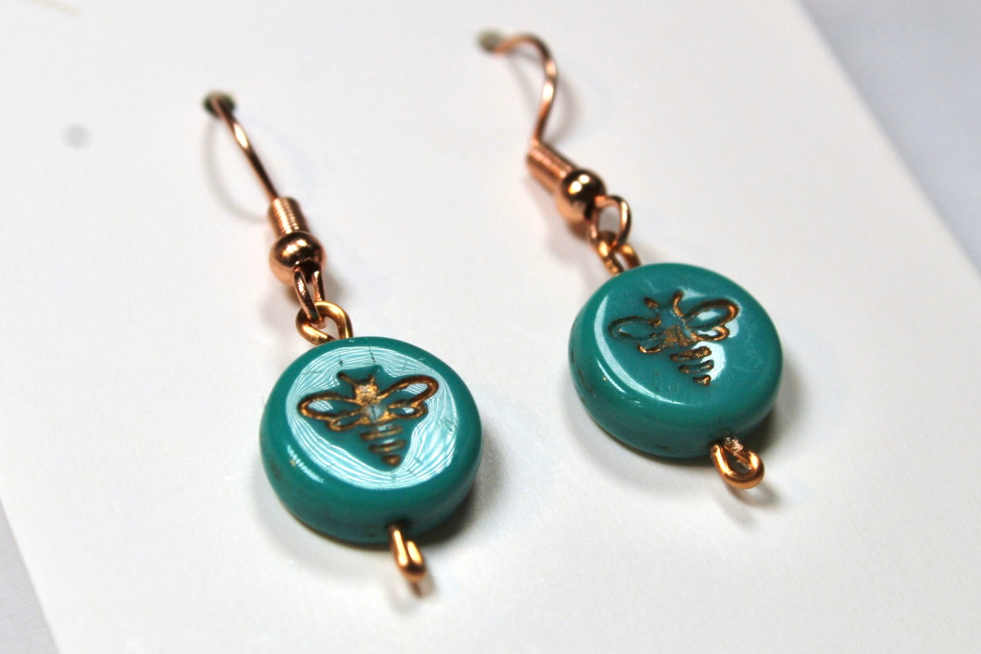 Teal & Copper Gold Bumble Bee Earrings