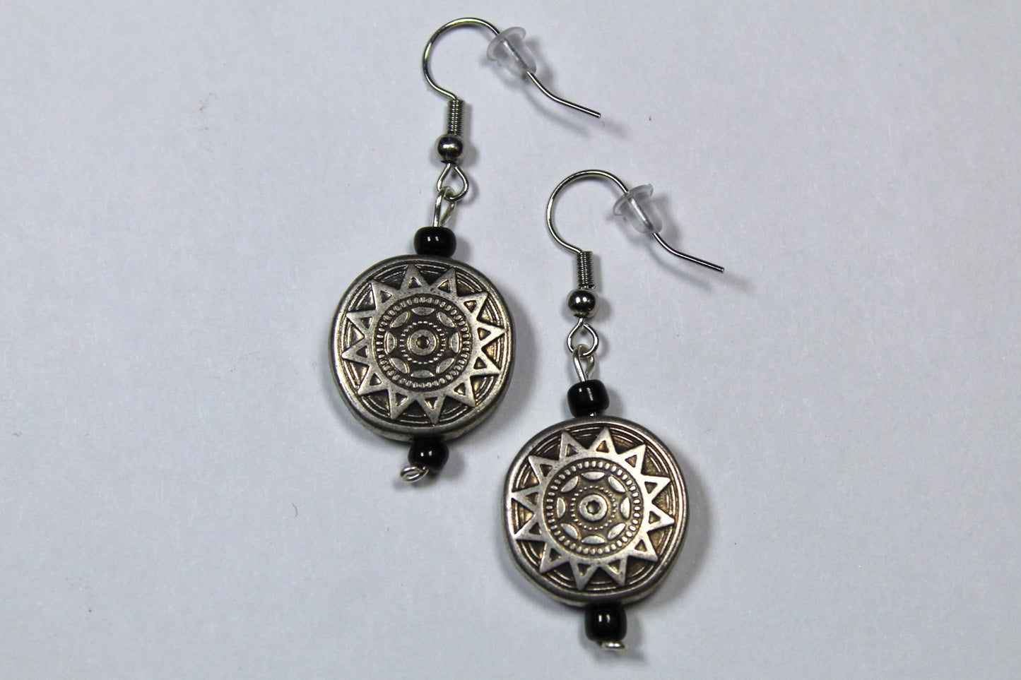 Silver Sun Dangle Earrings With Black Detailing Beads