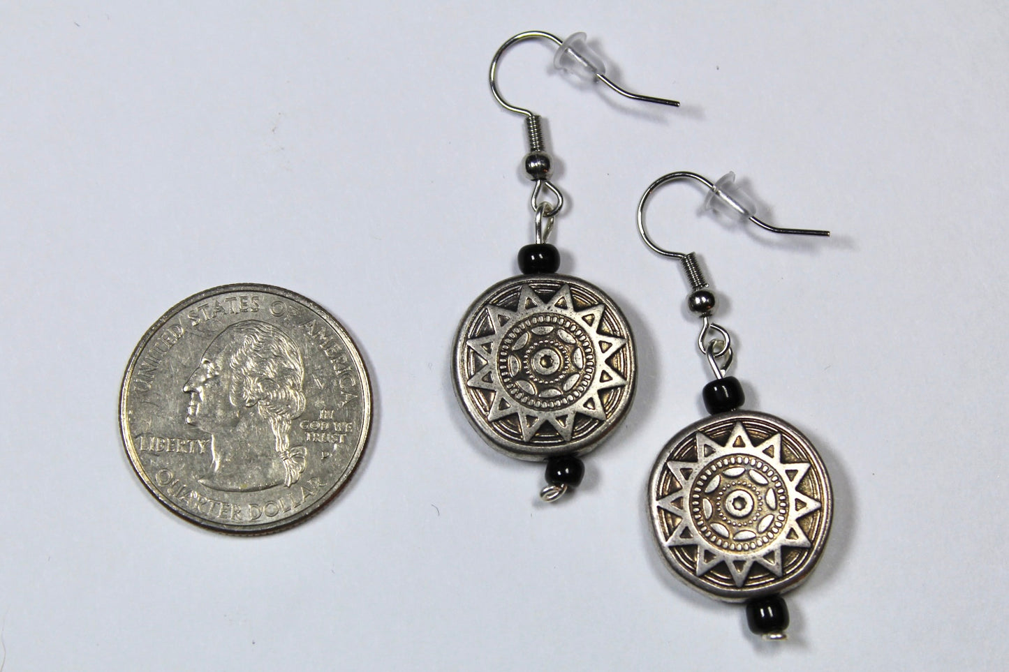 Silver Sun Dangle Earrings With Black Detailing Beads