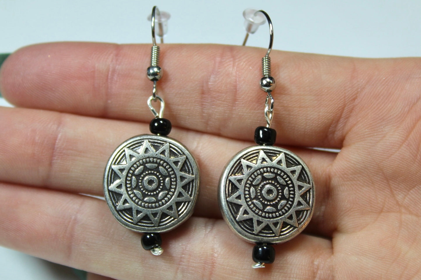 Silver Sun Dangle Earrings With Black Detailing Beads