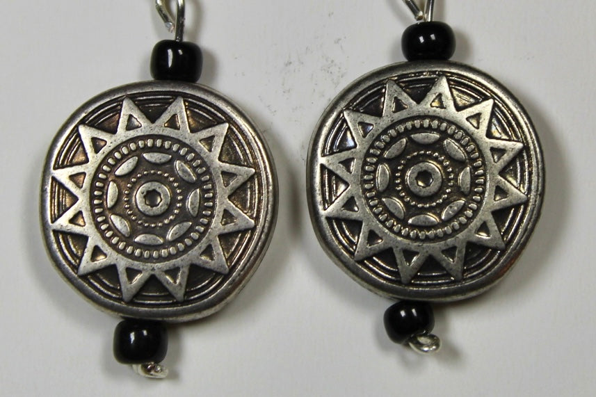 Silver Sun Dangle Earrings With Black Detailing Beads