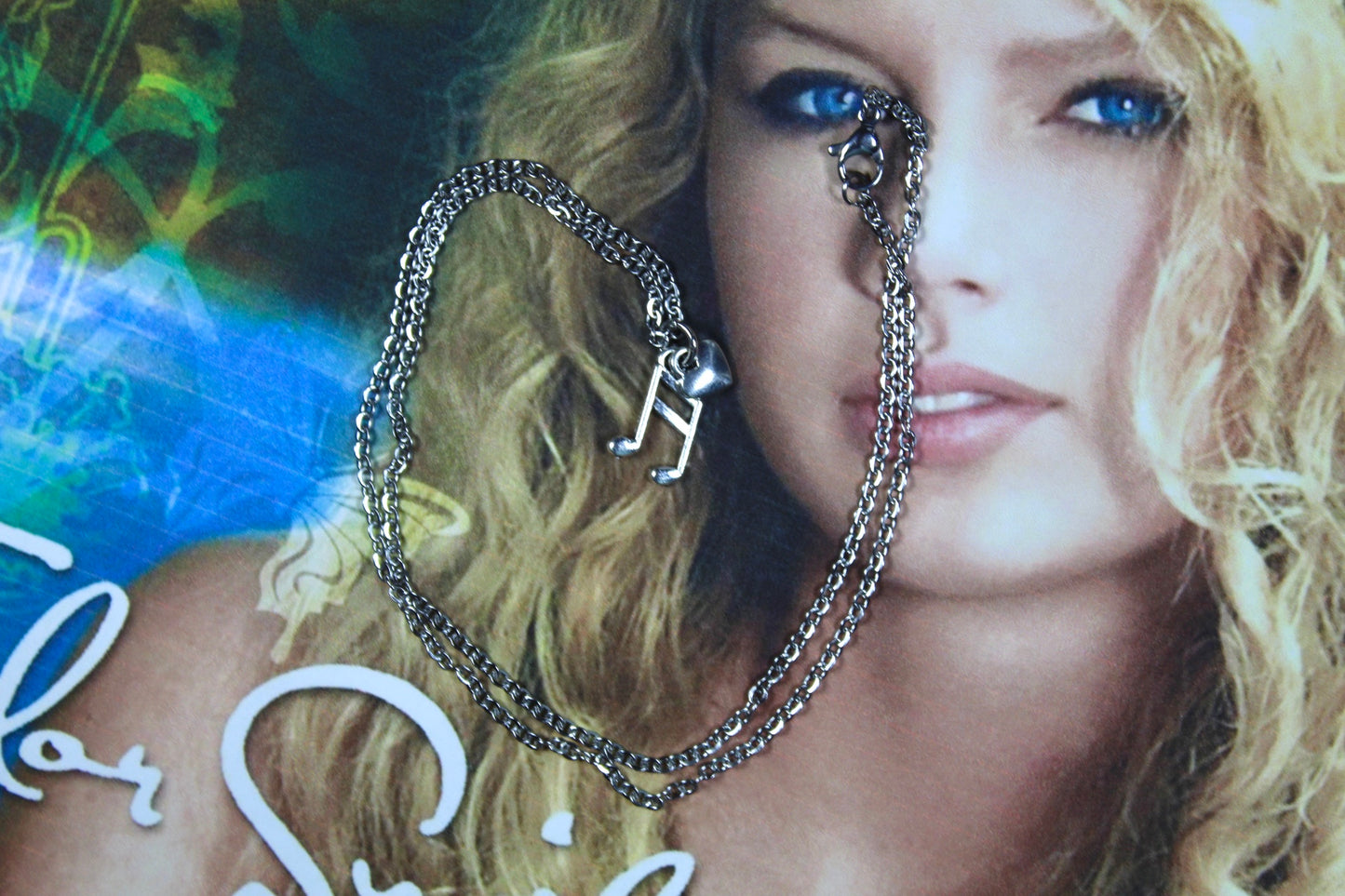 OUR SONG Taylor Swift Debut Inspired Music Note and Heart Silver Charm Necklace