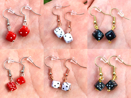 Solid Color Dangle Hook Dice Earrings | Red, White, Black